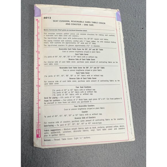 Simplicity 6012 Seat Cushion Reversible Table Cover & Coaster Pattern uncut 1970 - Picture 2 of 2